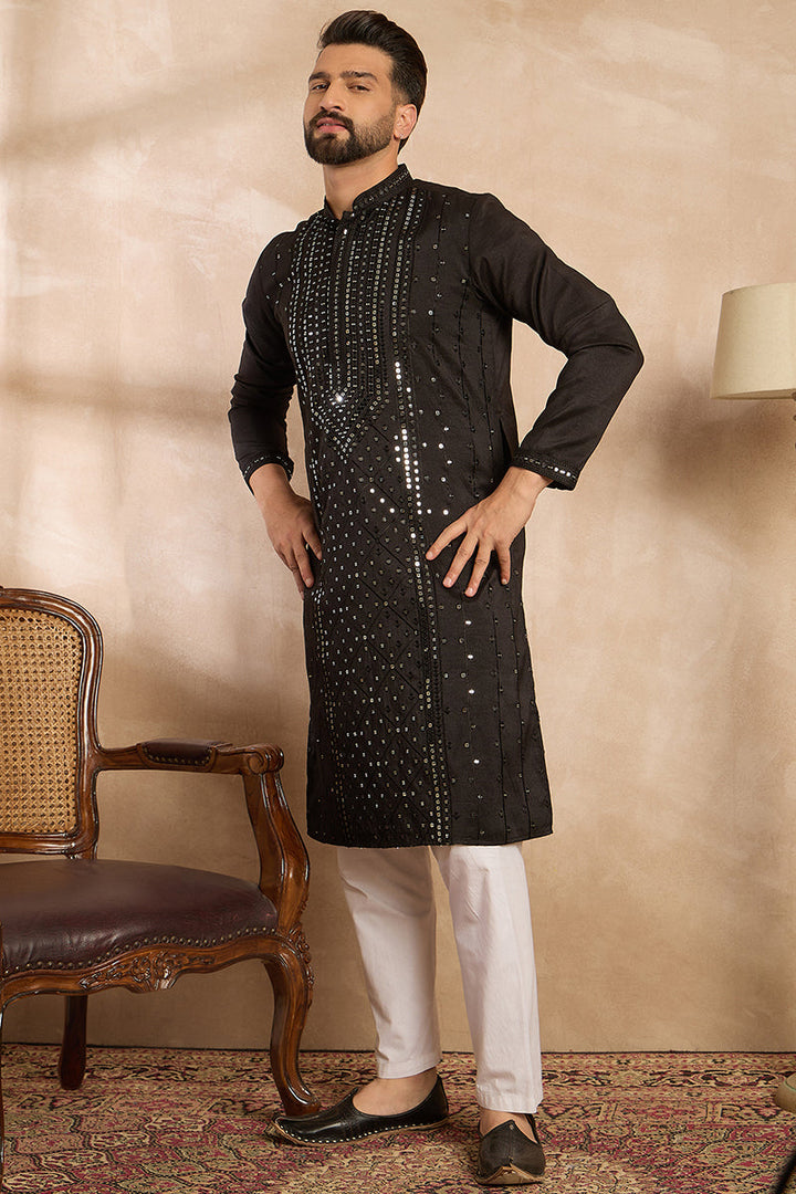 Black Silk Blend Geometric Embroidered Straight Kurta | SHOBITAM