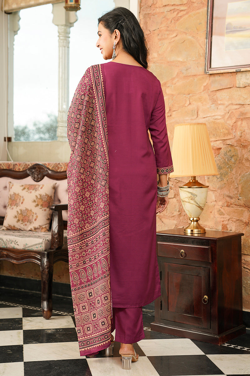 Purple Cotton Blend Ajrakh Printed Straight Kurta Trousers With Dupatta | SHOBITAM