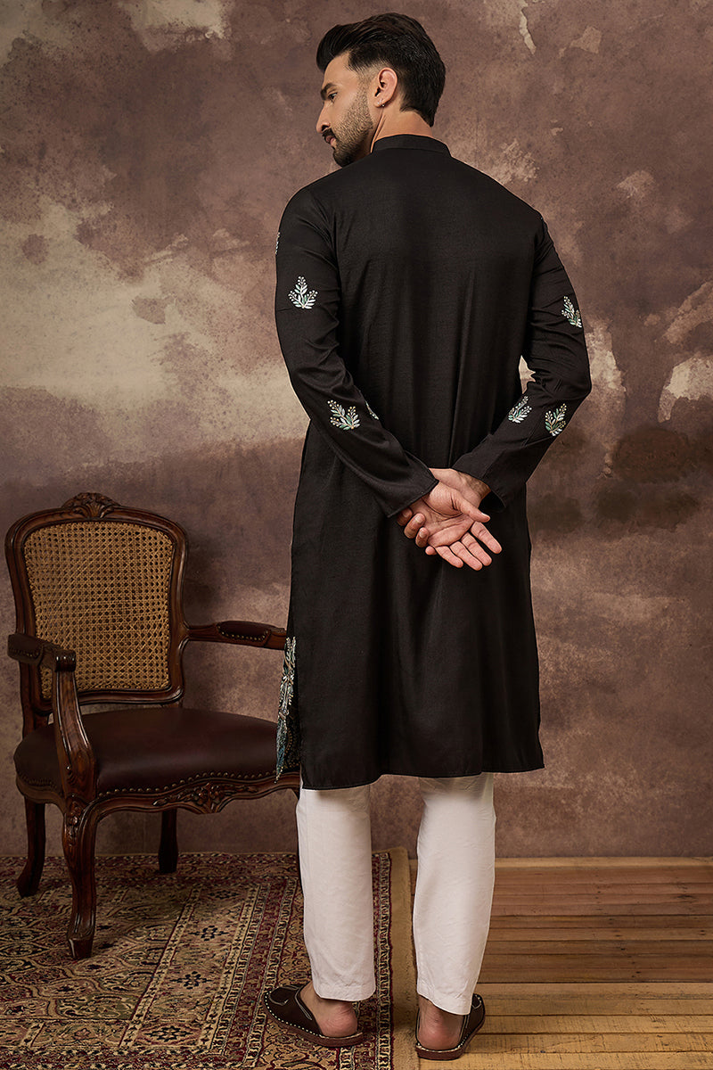 Black Silk Blend Solid Embroidered Straight Kurta with Trouser  | SHOBITAM
