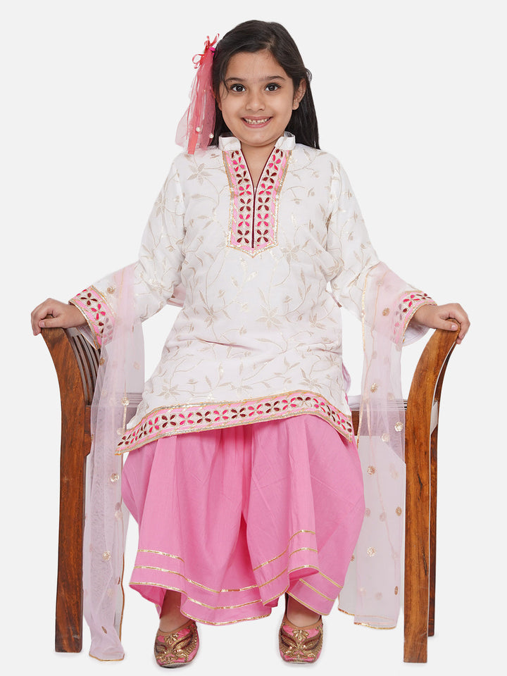 Girls Bengali Embroidery Lacework Kurta with Sharara & Dupatta in White & Pink |SHOBITAM