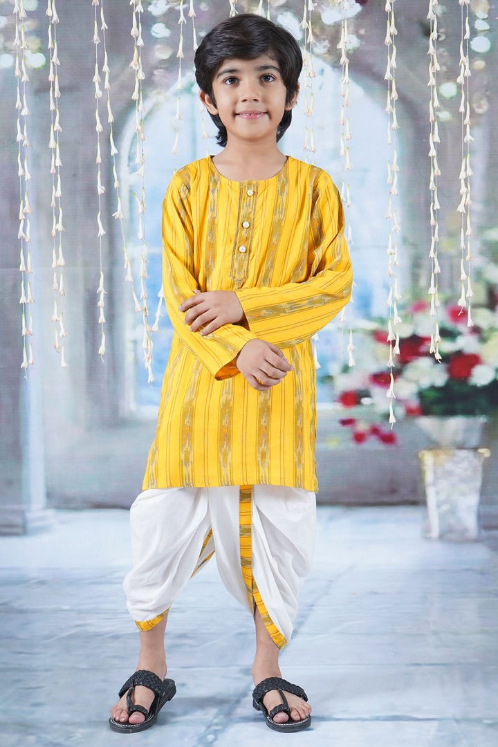 Boys Cotton Full Sleeves Ikat Kurta with Dhoti and Pearl Buttons - Yellow | SHOBITAM