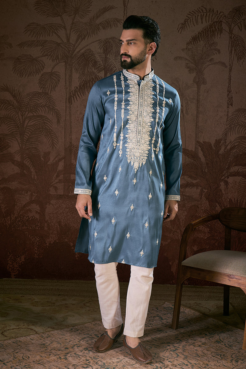 Blue Silk Blend Solid Embroidered Straight Kurta For Men | SHOBITAM