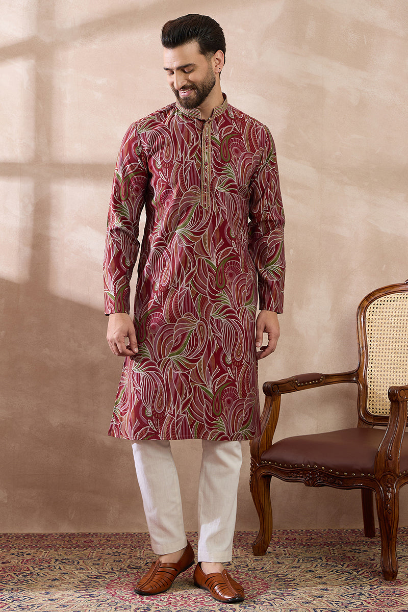 Red Silk Blend Printed Mandarin Collar Straight Kurta With Trouser | SHOBITAM