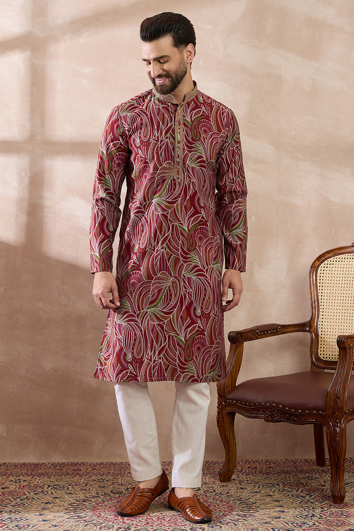 Red Silk Blend Printed Mandarin Collar Straight Kurta With Trouser | SHOBITAM