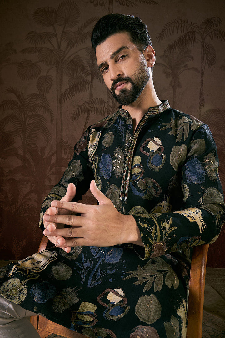 Black Silk Blend Floral Printed Straight Kurta For Men | SHOBITAM
