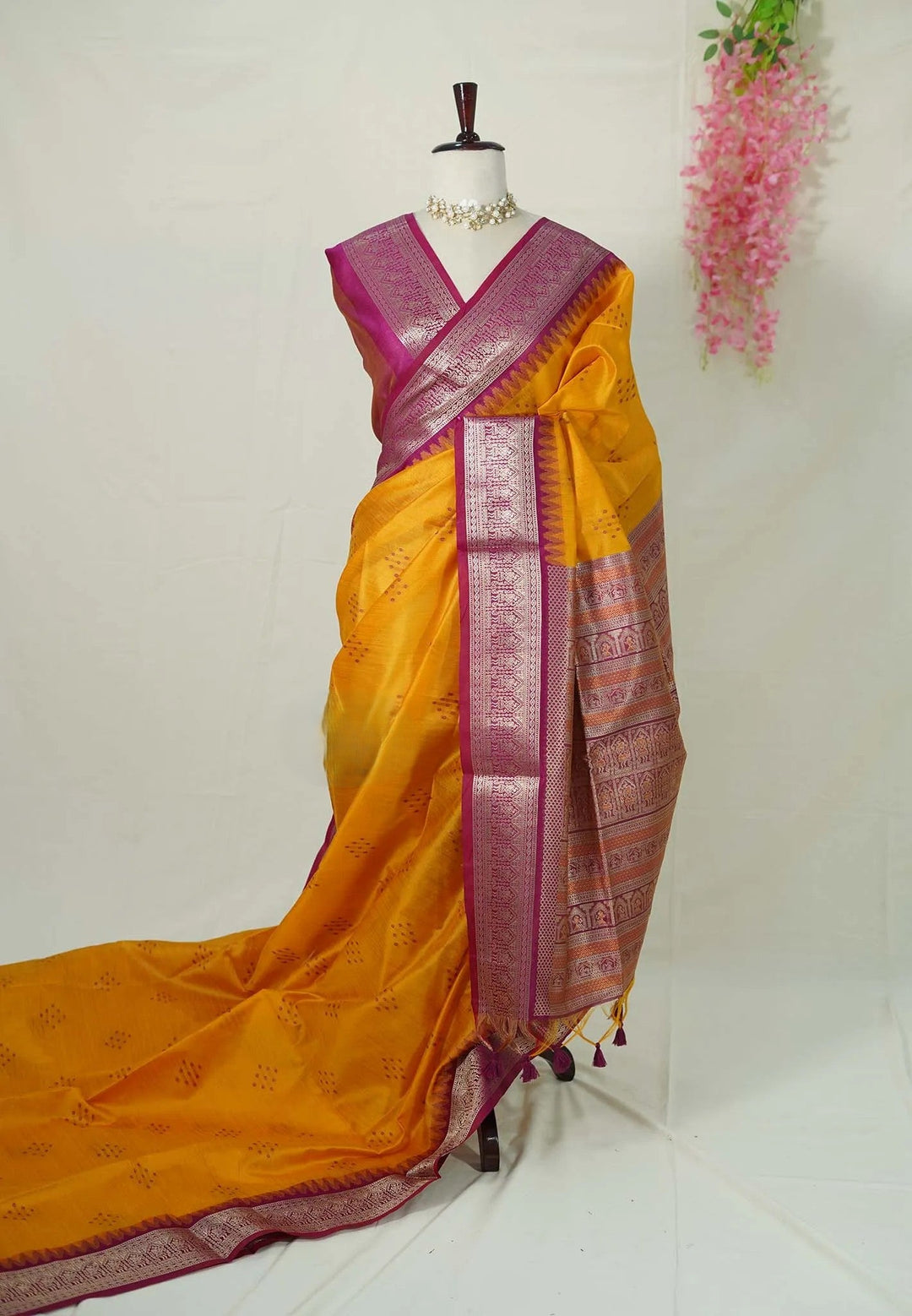 Turmeric Yellow And Pink Semi Silk Saree with Zari detailing | SHOBITAM