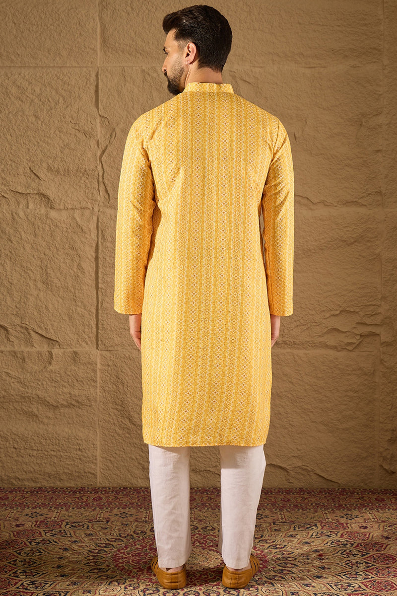 Yellow Silk Blend Geometric Embroidered Straight Kurta with Trouser  | SHOBITAM
