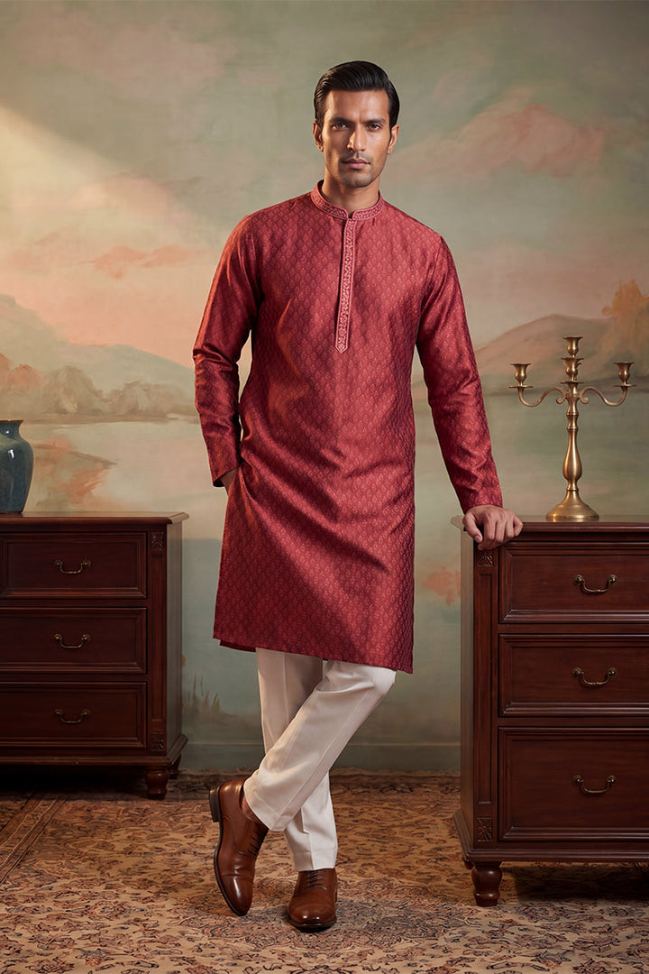 Mens Maroon Jacquard Woven Design Straight Kurta With Trouser | SHOBITAM