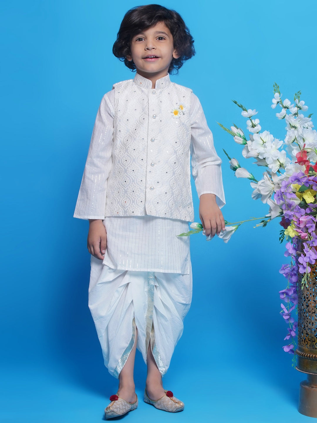 Cream Embroidered Nehru Jacket Set | SHOBITAM