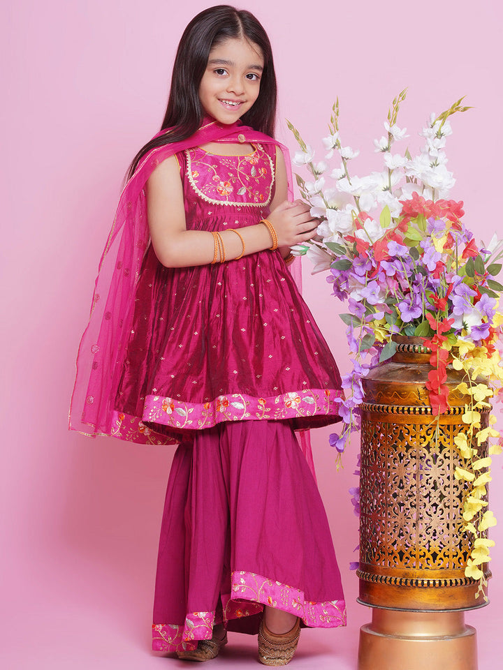 Chanderi Semi-Silk Sleeveless Floral & Zari Embrodiery Kurta Frock with Sharara and Dupatta - Hot Pink | SHOBITAM