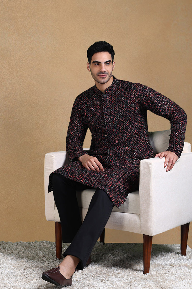 Black Viscose Rayon Ethnic Motifs Embroidered Straight Kurta For Men | SHOBITAM