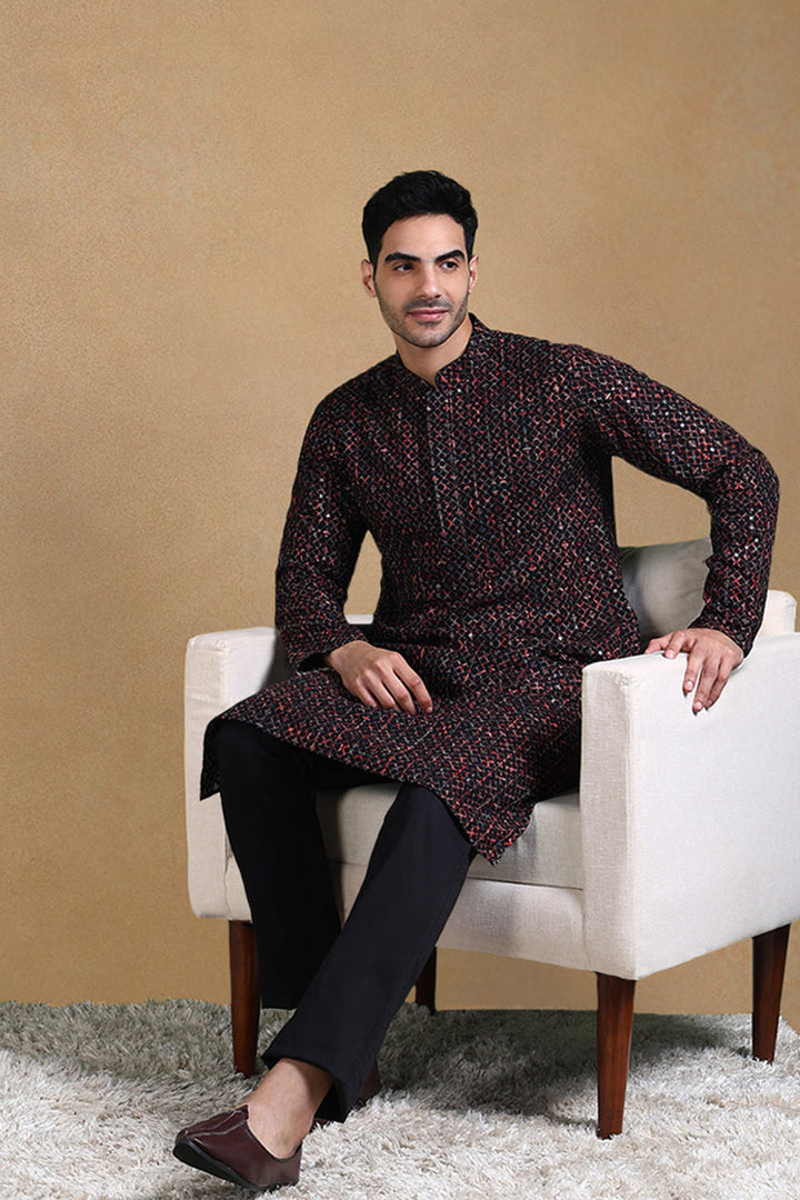 Black Viscose Rayon Ethnic Motifs Embroidered Straight Kurta For Men | SHOBITAM