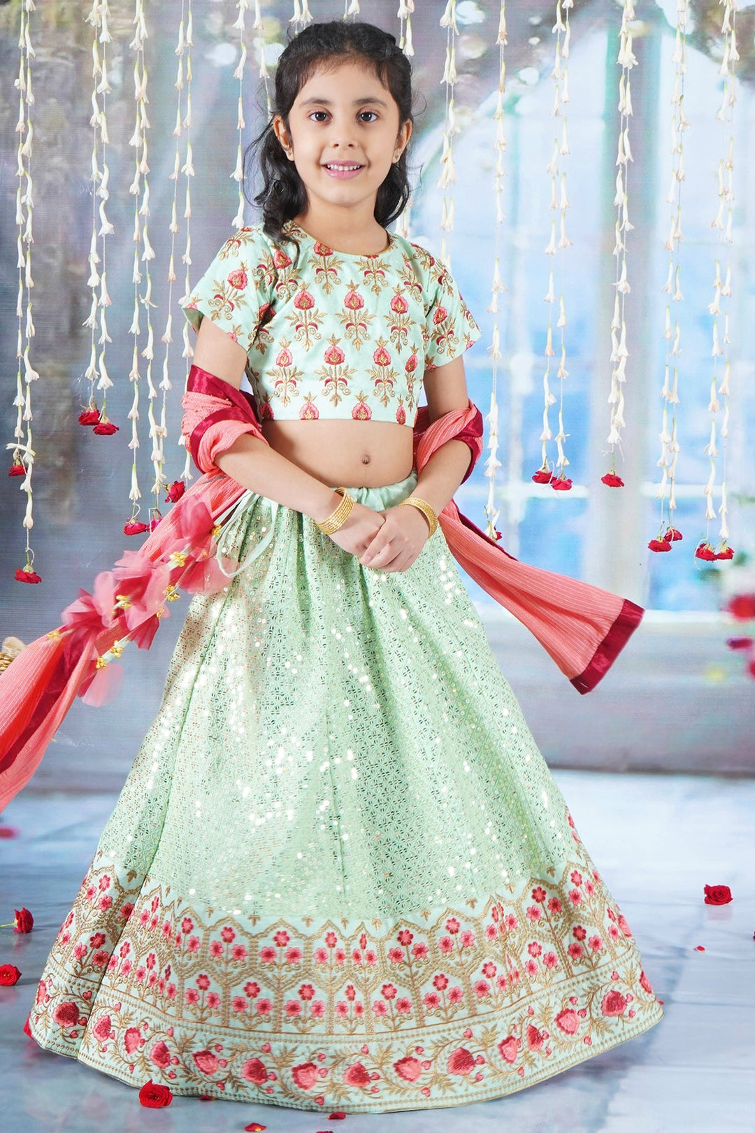 Girl Bageecha Floral Thread work Blouse with Mirror work Lehenga and Sequin moti work Dupatta, accompanied with Hand made tassel and Ghungroo work | SHOBITAM