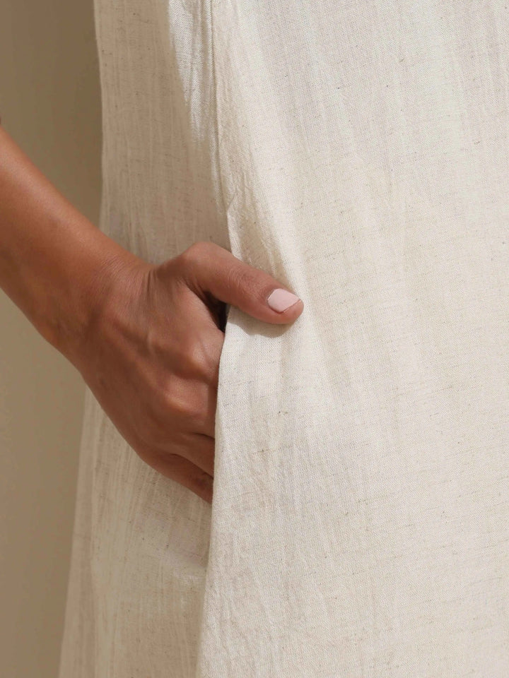 Off White Cotton Linen Angrakha Kurta Pant Set | SHOBITAM