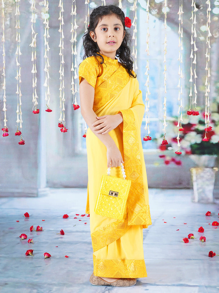 Floral Rangoli Blouse with Ready to wear Saree - Yellow | SHOBITAM