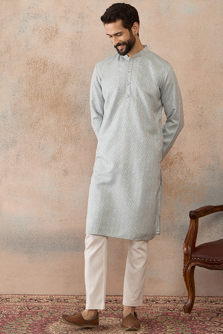 Mens Blue Linen Self Design Embroidered Kurta With Trouser | SHOBITAM