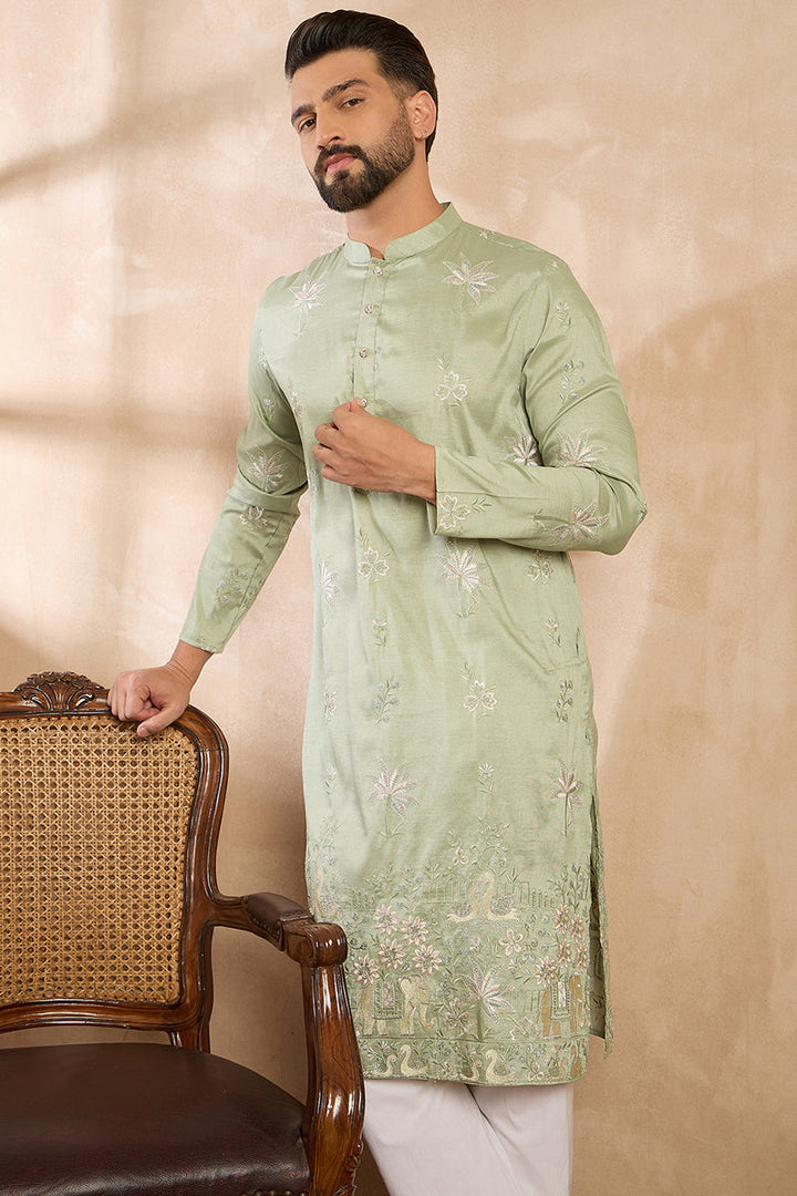 Olive Silk Blend Solid Embroidered Straight Kurta | SHOBITAM