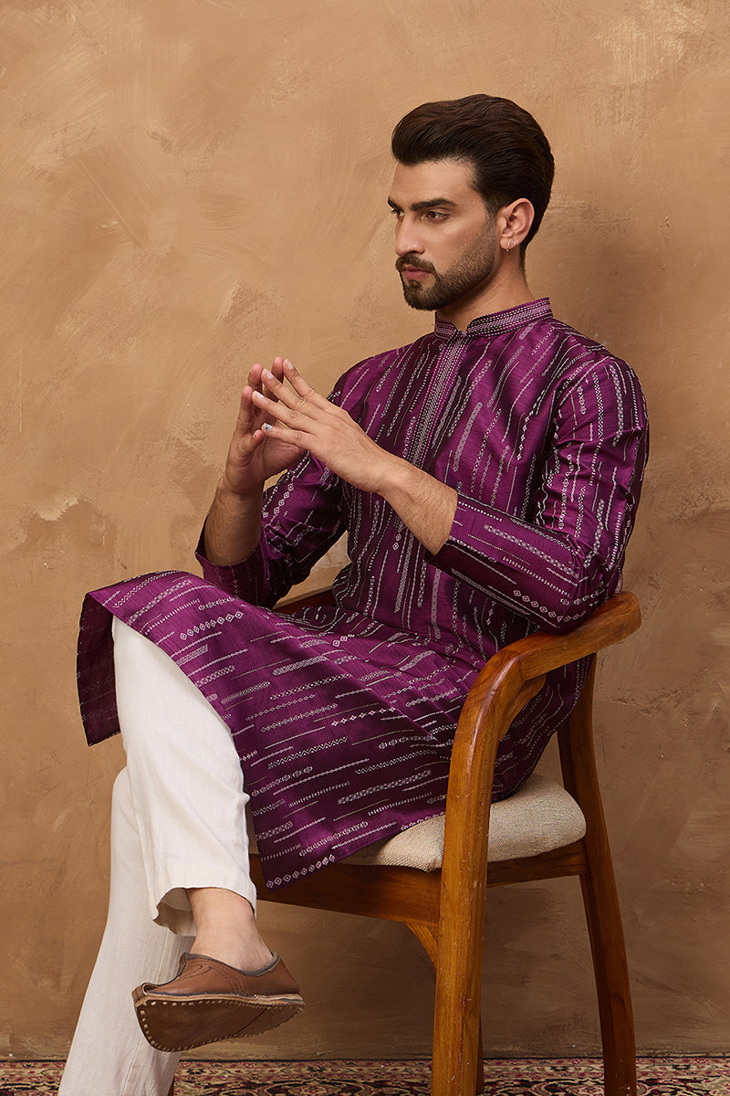 Purple Silk Blend Geometric Printed Straight Kurta | SHOBITAM