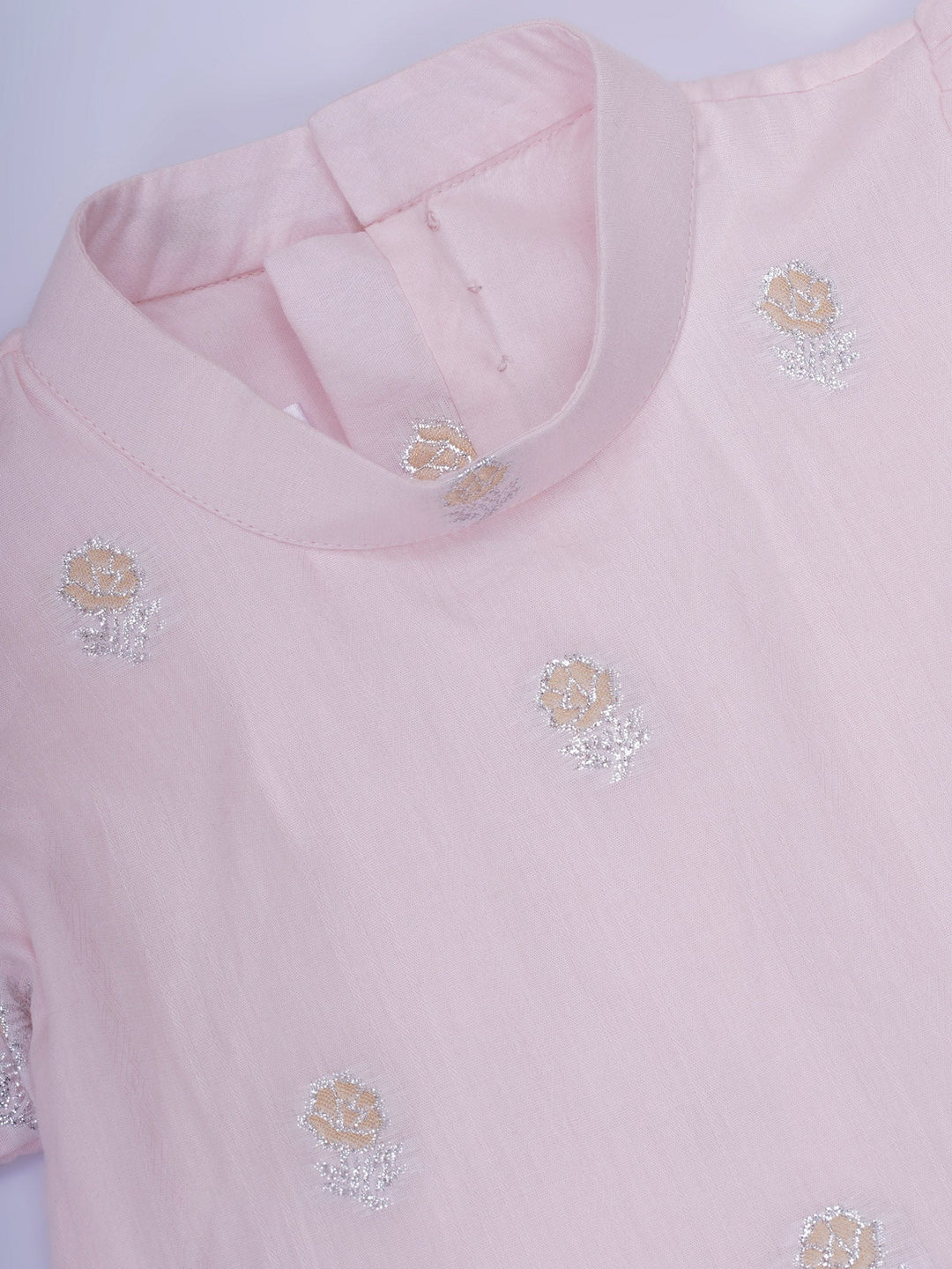 Girls Cotton Puff Sleeves Rose Embroidery Ready to wear Blouse with Ready to wear Chanderi Saree - Pink | SHOBITAM