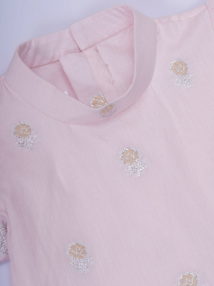 Girls Cotton Puff Sleeves Rose Embroidery Ready to wear Blouse with Ready to wear Chanderi Saree - Pink | SHOBITAM