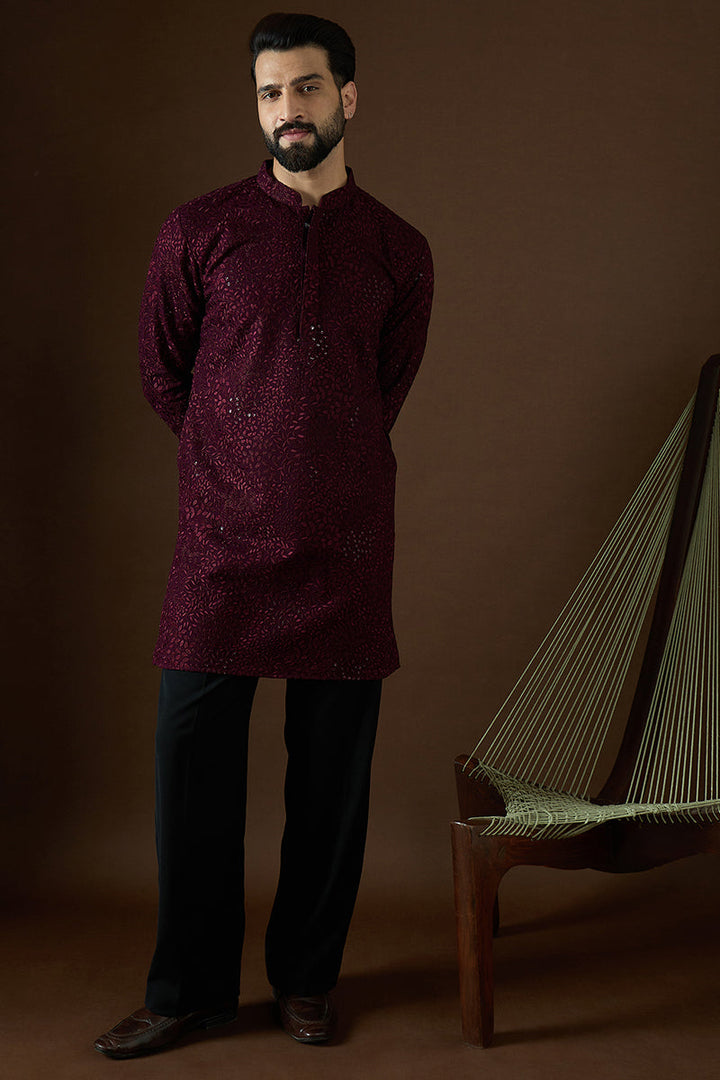 Wine Georgette Solid Embroidered Straight Kurta For Men | SHOBITAM