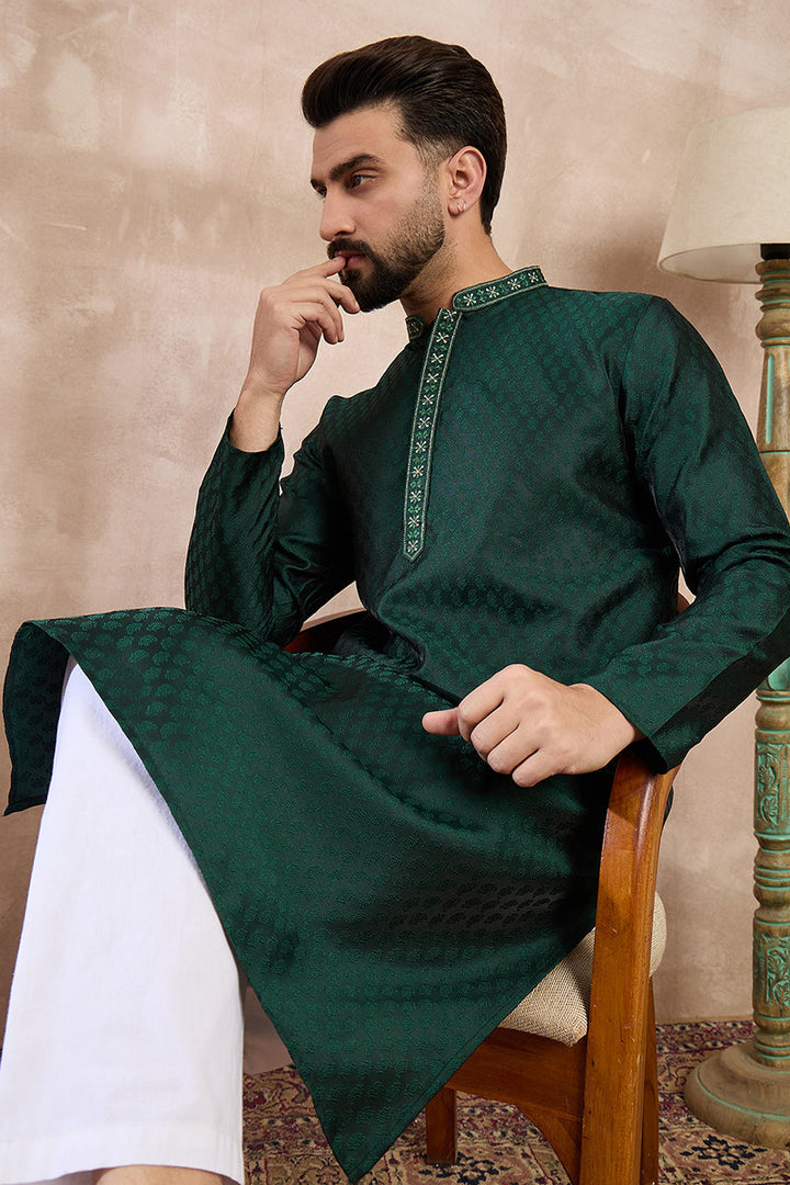 Green Silk Blend Solid Woven Design Straight Kurta For Men | SHOBITAM