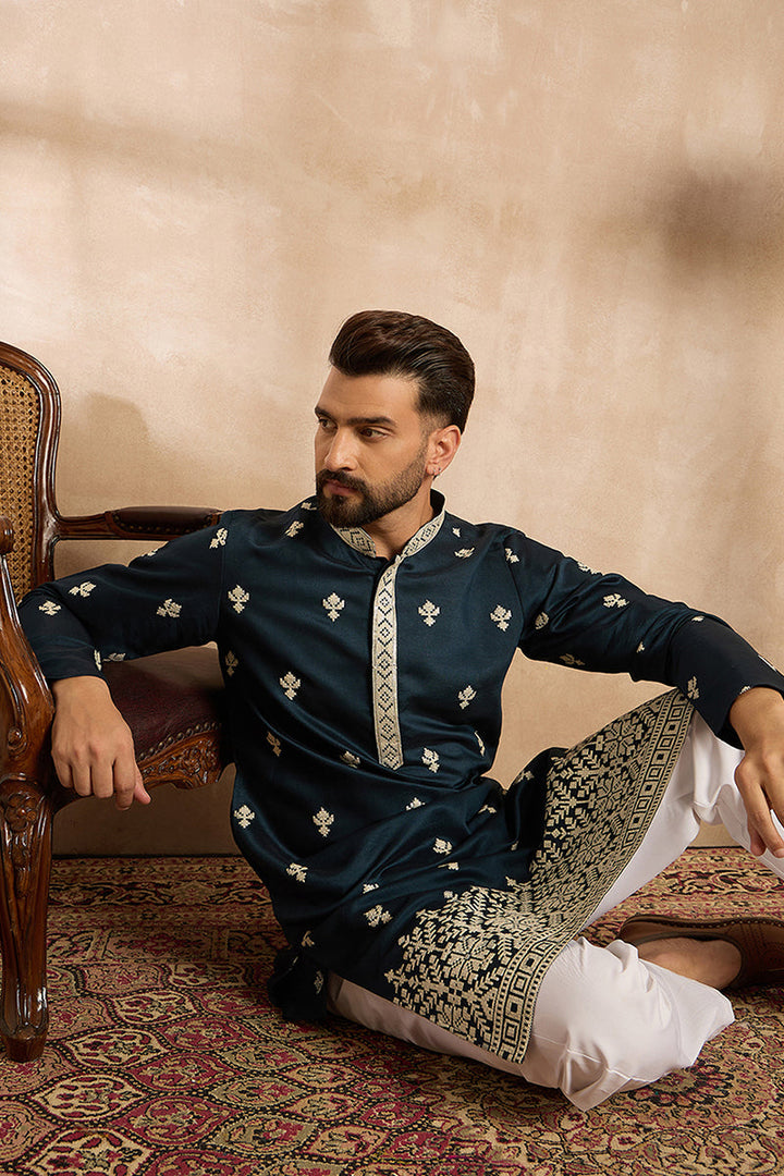 Navy Blue Polyester Solid Embroidered Straight Kurta With Trouser | SHOBITAM