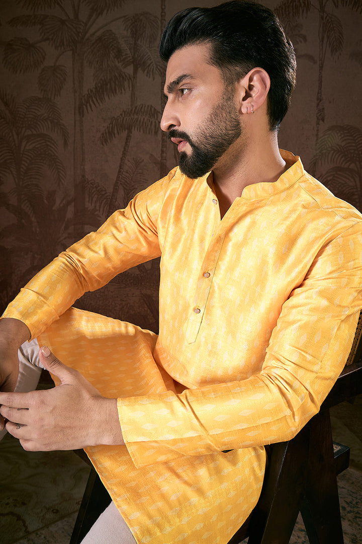 Yellow Silk Blend Ethnic Motifs Printed Straight Kurta With Trouser | SHOBITAM