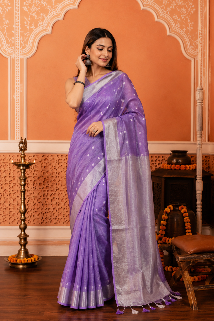 Lavender Hued Tissue Linen Saree with silver zari borders and long tassels! | SHOBITAM