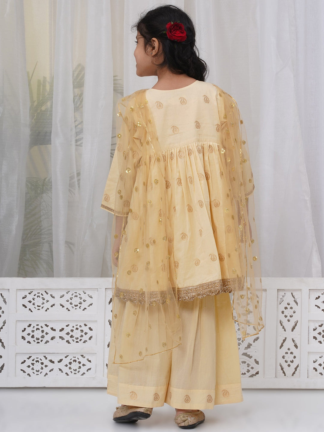Girls Cotton Three Fourth Sleeves Angrakha Kurta with Sharara and Net Dupatta with Paisley Design Zari Work- Dutch Cream | SHOBITAM