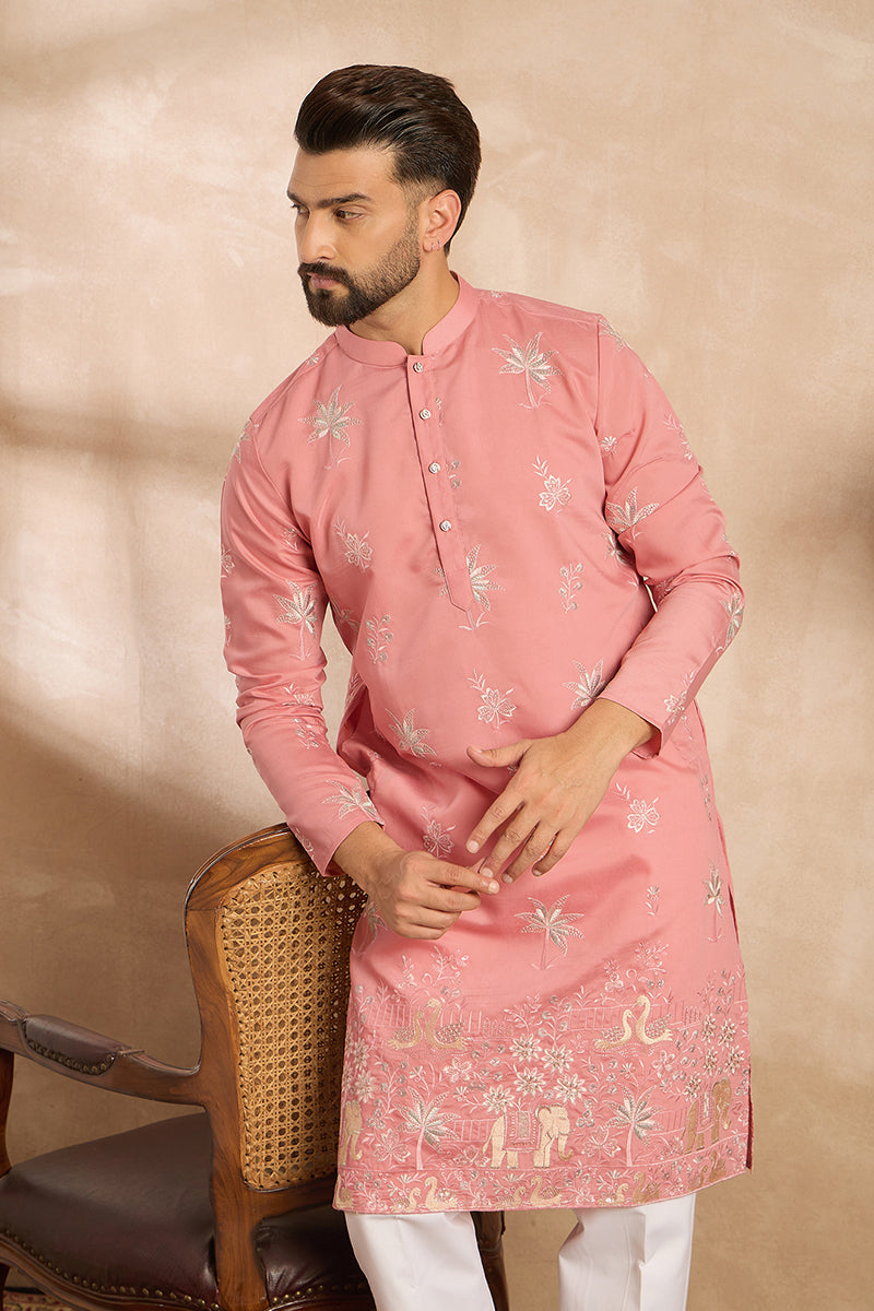 Pink Cotton Solid Embroidered Straight Kurta With Trouser | SHOBITAM