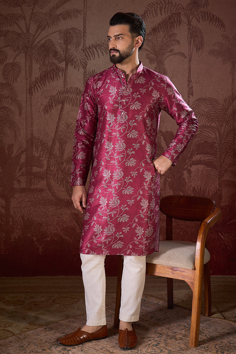 Red Silk Blend Floral Printed Straight Kurta For Men | SHOBITAM