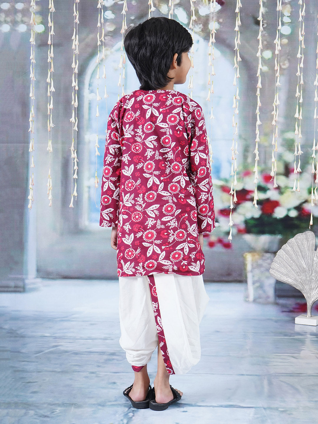 Boys Cotton Full Sleeves Kurta Dhoti with Floral Print and Pearl Buttons - Mahroon and Cream  | SHOBITAM