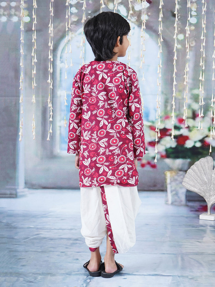 Boys Cotton Full Sleeves Kurta Dhoti with Floral Print and Pearl Buttons - Mahroon and Cream  | SHOBITAM