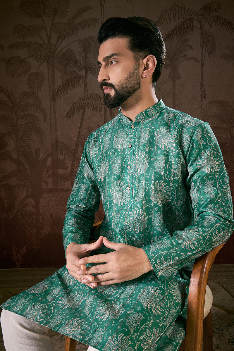 Teal Silk Blend Floral Printed Straight Kurta For Men | SHOBITAM