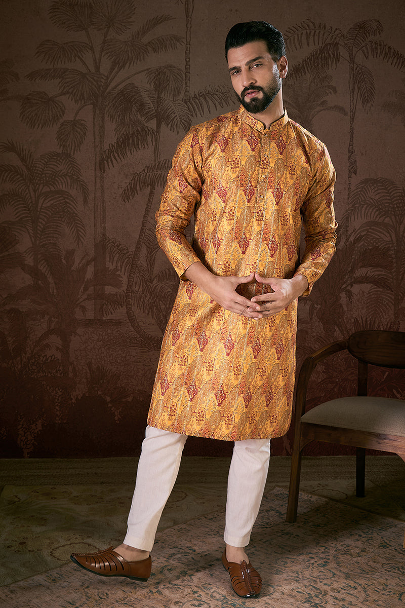 Mustard Silk Blend Ethnic Motifs Printed Straight Kurta With Trouser | SHOBITAM