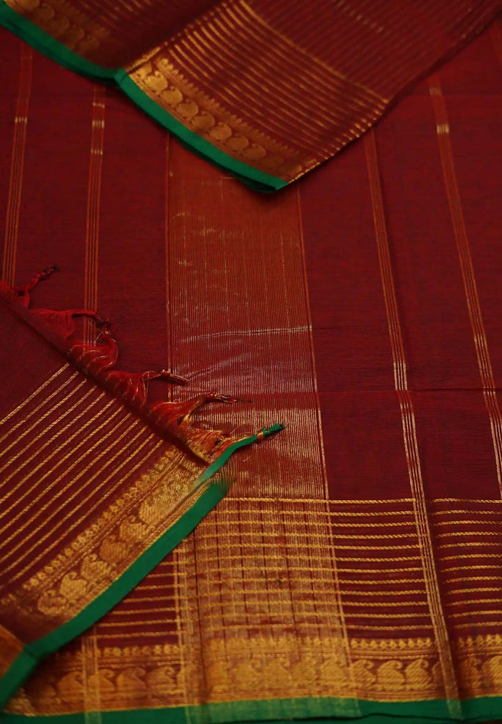Kumkum Maroon Mercerized Cotton Saree with Zari detailing | SHOBITAM