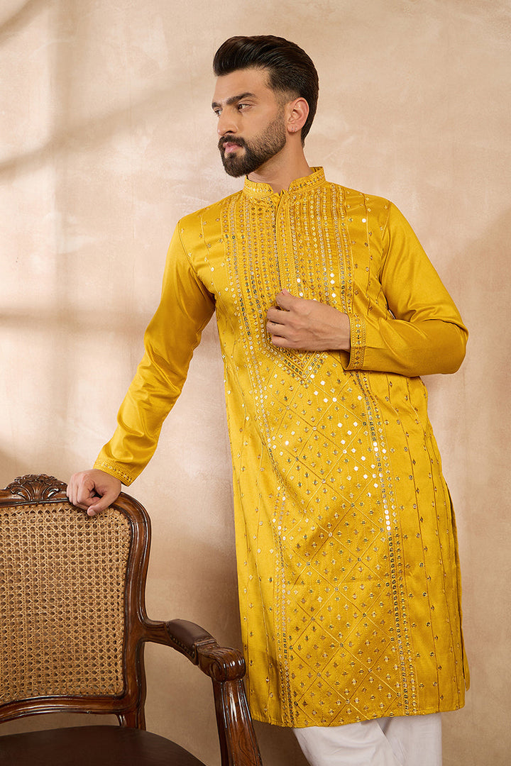 Yellow Silk Blend Geometric Embroidered Straight Kurta | SHOBITAM