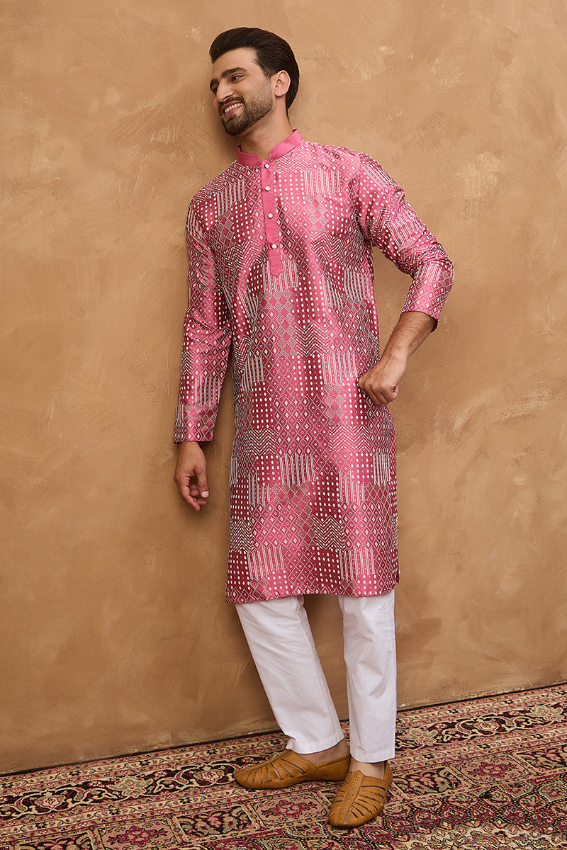 Pink Silk Blend Geometric Printed Straight Kurta  | SHOBITAM