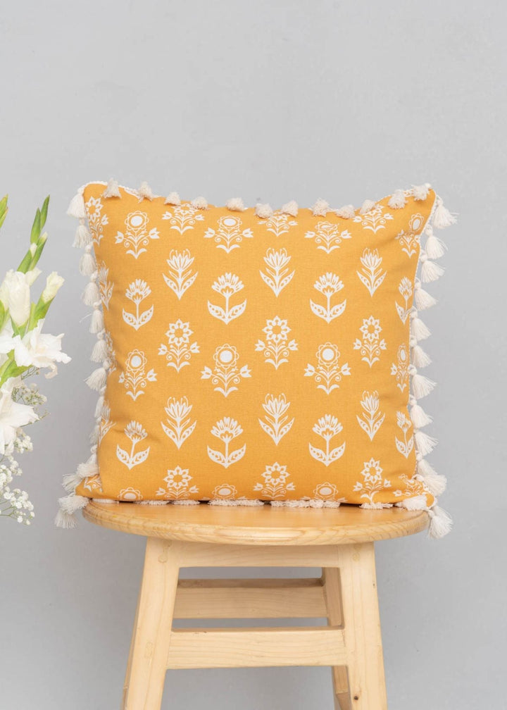 Dahlia Mustard Floral Printed Cushion Cover for Sofa with Tassels – 100% Cotton | SHOBITAM