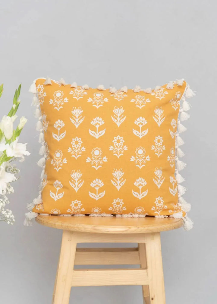 100% Pure Cotton Cushion Cover in Earthly Mustard with Dahlia Print and tassels, Size Options available