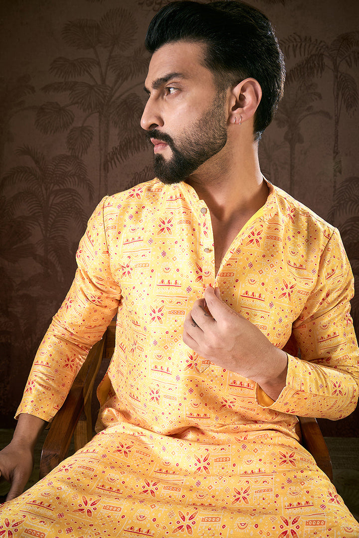 Yellow Silk Blend Ethnic Motifs Printed Straight Kurta For Men | SHOBITAM