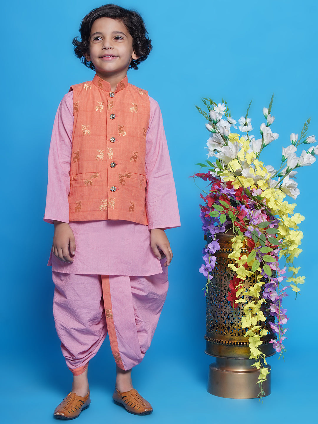Cotton Sleeveless Golden Deer Embrodiery Nehru Jacket with Kurta and Dhoti - Peach | SHOBITAM
