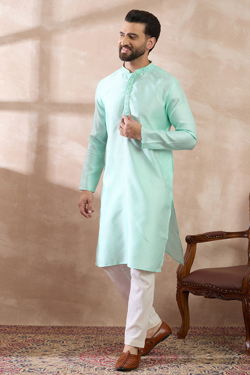 Teal Polyester Woven Design Mandarin Collar Straight Kurta For Men | SHOBITAM