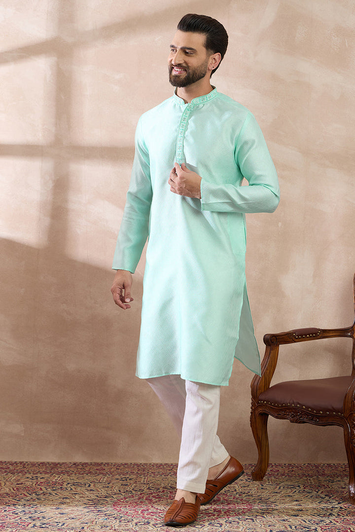 Teal Polyester Woven Design Mandarin Collar Straight Kurta For Men | SHOBITAM