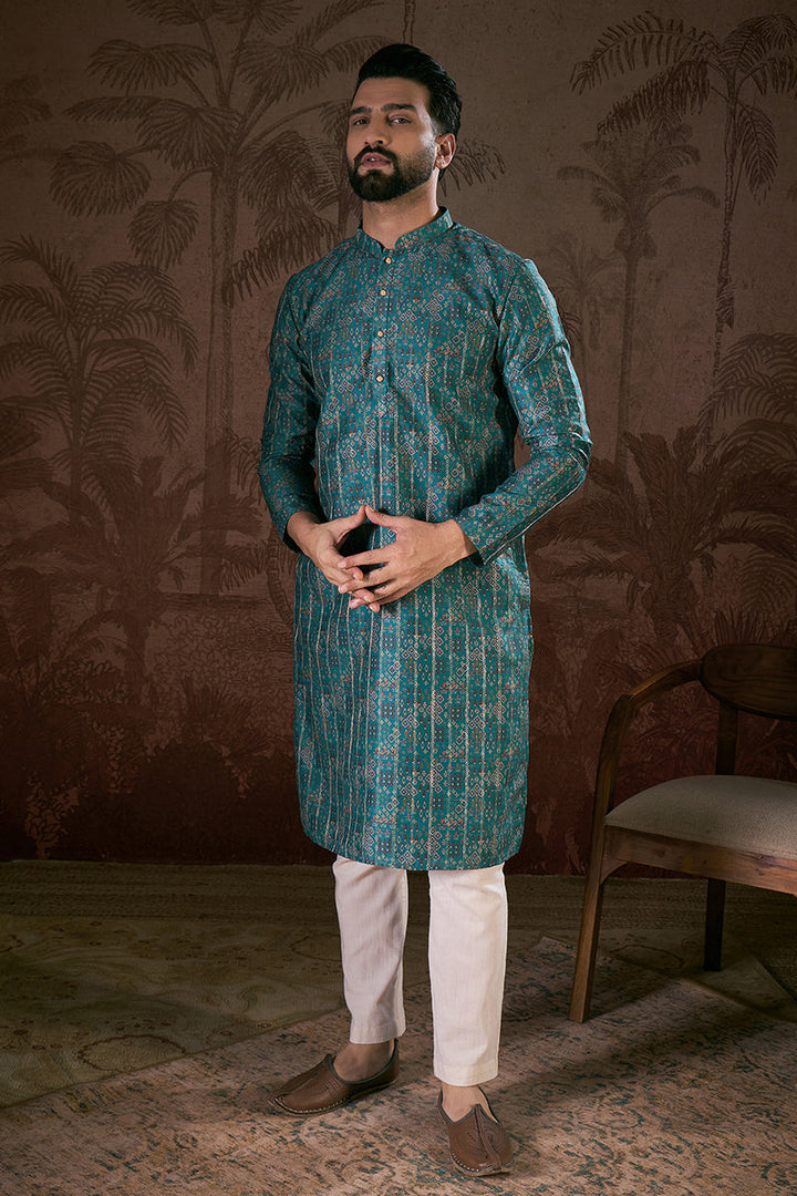 Blue Silk Blend Ethnic Motifs Printed Straight Kurta For Men | SHOBITAM