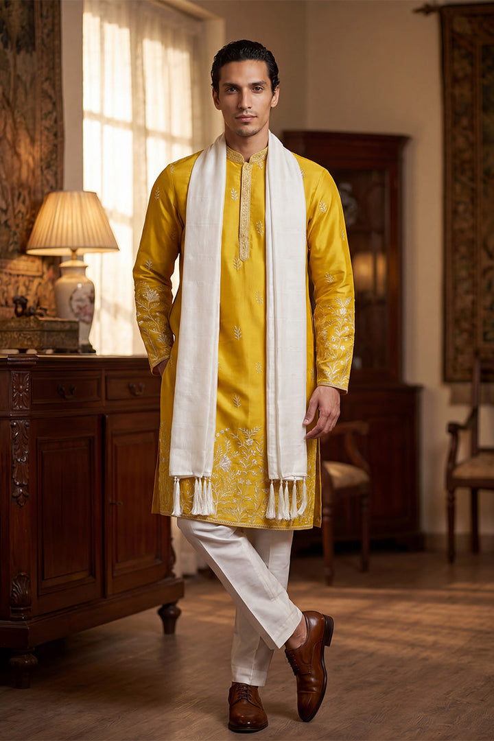 Men Yellow Chanderi Silk Solid Embroidered Straight Kurta Trouser with Dupatta | SHOBITAM