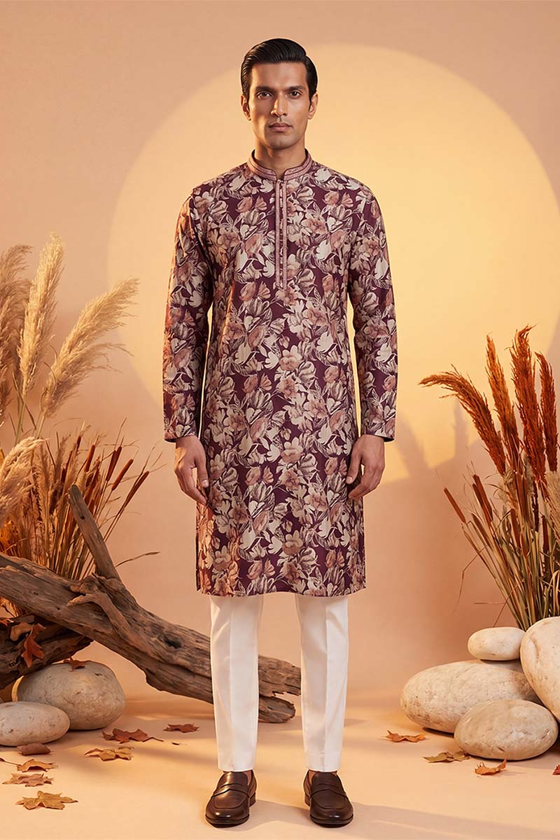 Mens Purple Viscose Rayon Floral Printed Kurta With Trousers | SHOBITAM