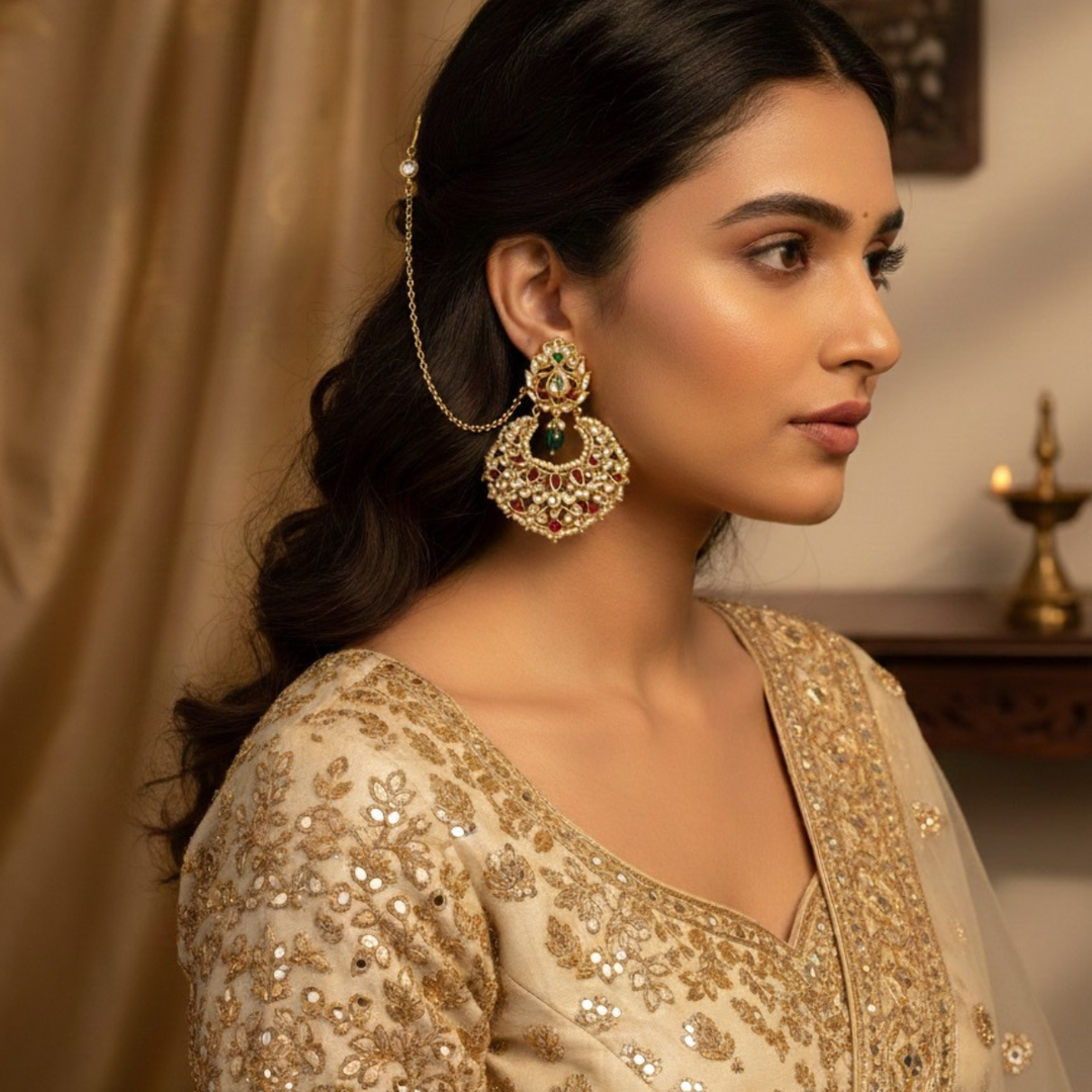 Golden Anti Tarnish Chain and Kundan Ear Chain - Earrings included | SHOBITAM