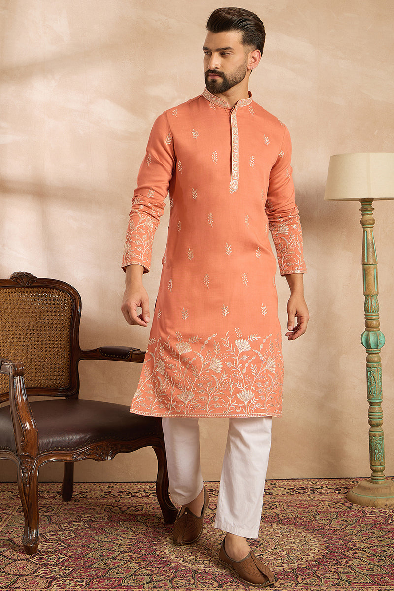 Peach Vartican Solid Embroidered Straight Kurta For Men | SHOBITAM